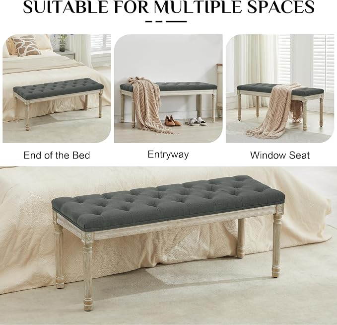 LOULENS 43.9" Linen End of Bed Bench, Vintage Bedroom Bench, Dark Grey | French - Image 6