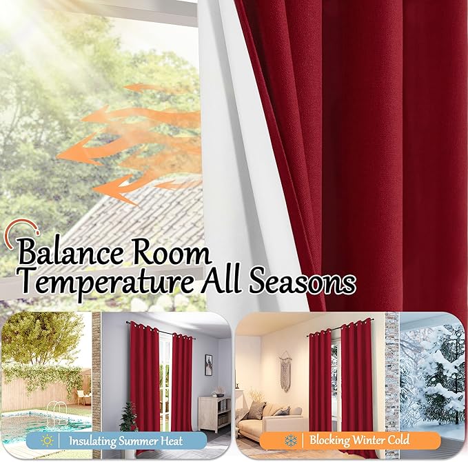 Short Linen Blackout Curtains for Winter Christmas Decor 45 Inch Long, Red Thermal Insulated Short Total Light Blocking Curtains for Small Window Living Room Bedroom, Each 52x45 Inch 2 Panels