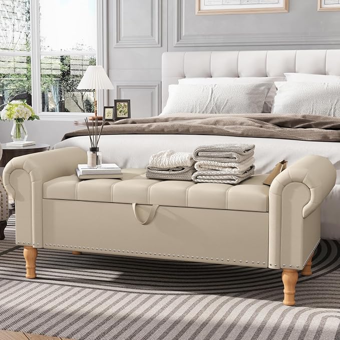 Apicizon 51” Bench with Storage, Faux Leather Ottoman Bench with Rolled Arm & by APICIZON