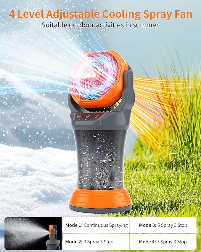 WESTTREE Portable Misting Fan with Larger Battery Fan-Rechargeable Outdoor Misting Cooling Fans with 2L Water Tank,RGB Lights,4 Speeds & Spray Modes-for Patio, Camping, Beach, Workshop (Gray-Orange)