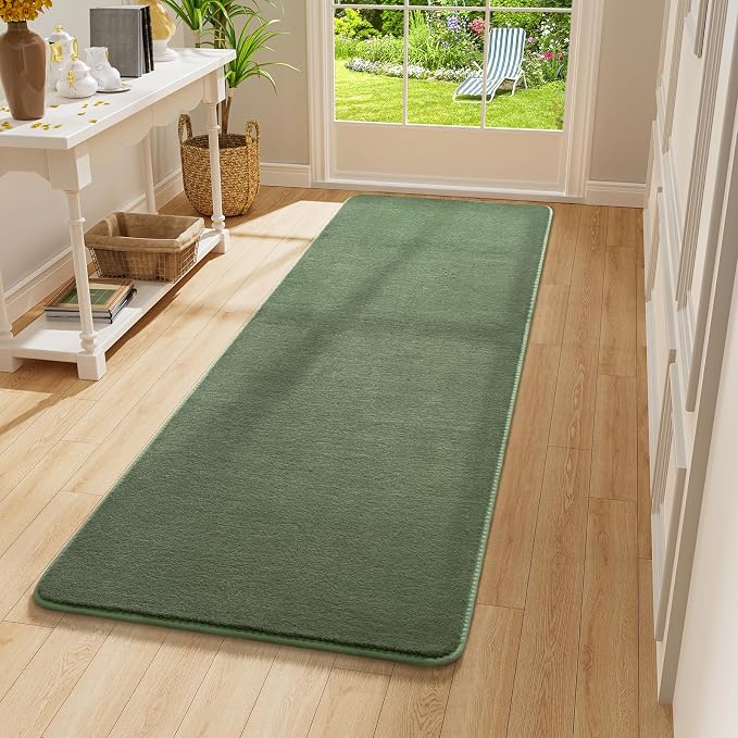 Modern Soft Hallway Runner Rug, 2x6 Sage Green Washable Runner Rugs | Fluffy - Image 8
