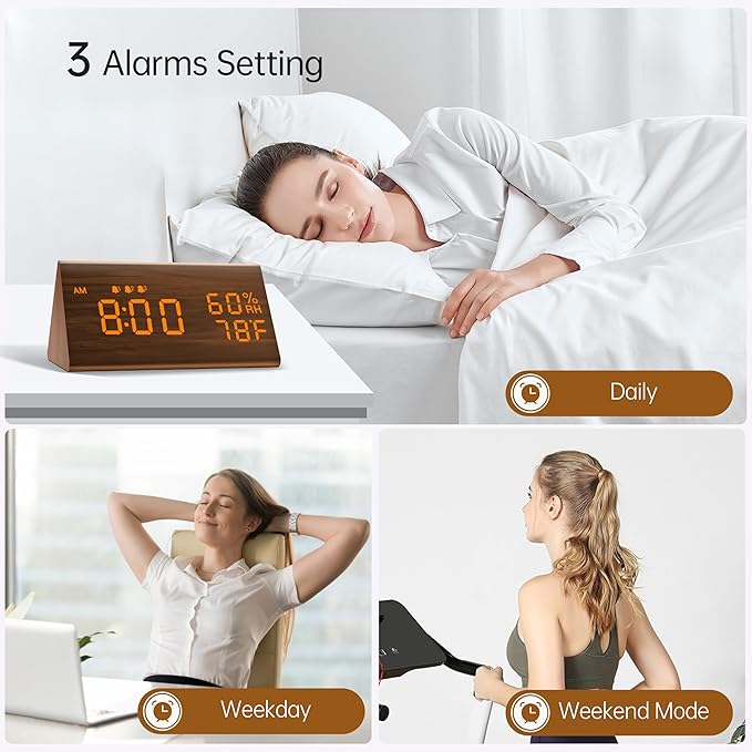 JALL Digital Alarm Clock, with Wooden Electronic LED Time Display, 3 Alarm Settings, Humidity & Temperature Detect, Wood Made Electric Clocks for Bedroom, Bedside (Brown)