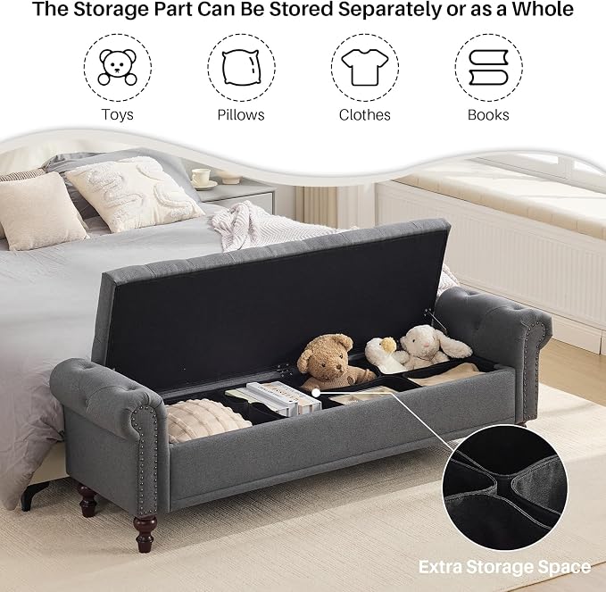 SOFTHION 67" Storage Bench for Bedroom, Linen Upholstered, Dark Grey | King - Image 6
