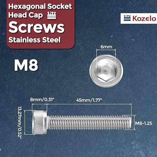 Kozelo 5pcs Socket Head Cap Screws - [M8-1.25 x 45mm] 304 Stainless Steel Allen Socket Drive for Electrical Motor 3D Printing Fan Engine Replacement Use, Silver