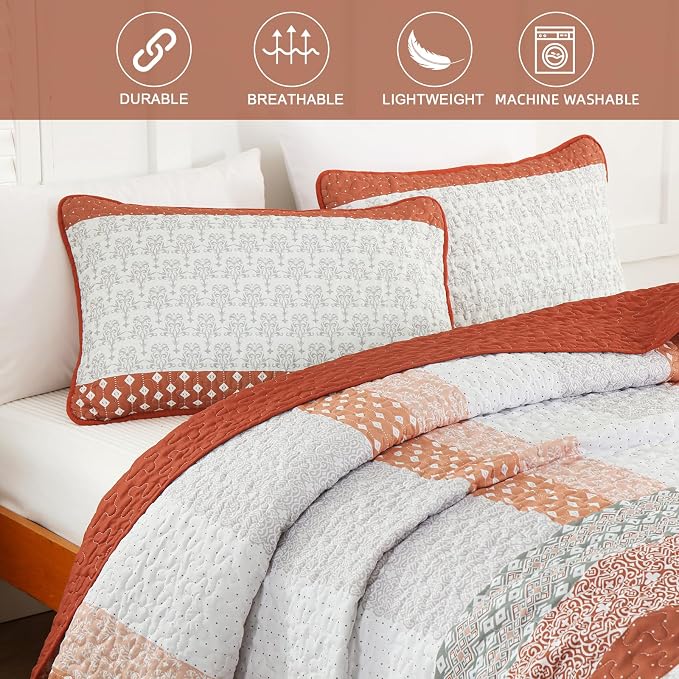 WONGS BEDDING Boho Quilt Set King Size, Stripe Bedspread Sets, Burnt Orange | - Image 5