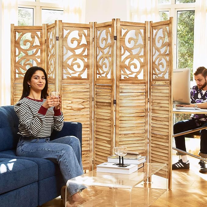 Room Divider Wood Carved Wall Divider Indoor Folding Portable Partition Screen - Image 5