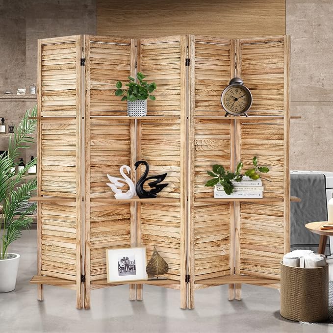 Room Divider with Shelves, 5 Panel Natural Privacy Screen | Partition Room - Image 5