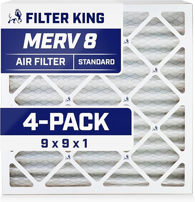 Filter King 9x9x1 Air Filter | 4-PACK | MERV 8 HVAC Pleated A/C Furnace Filters | MADE IN USA | Actual Size: 9 x 9 x .75"
