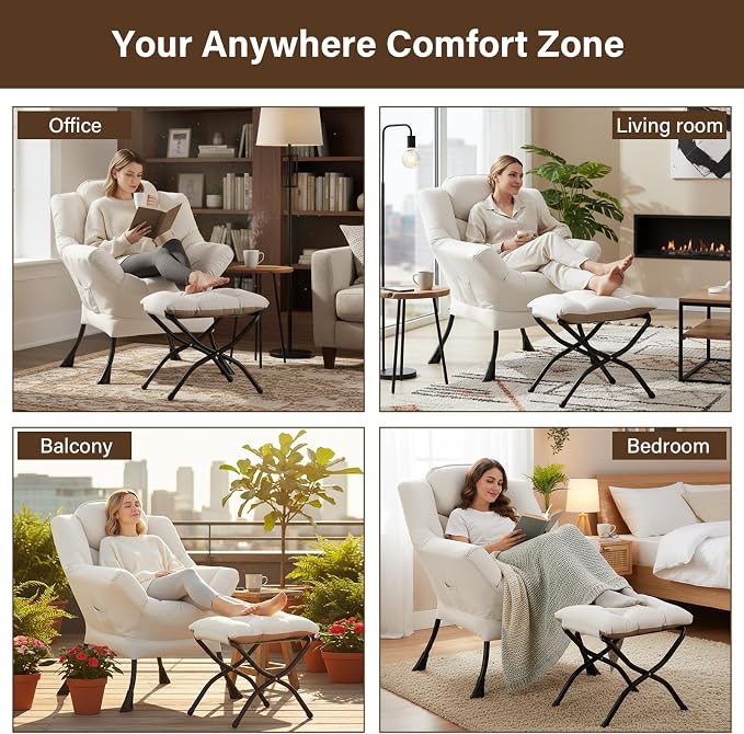 Welnow Lazy Chair with Ottoman, Reading Chair with Footrest, Foldable Footrest - Image 9