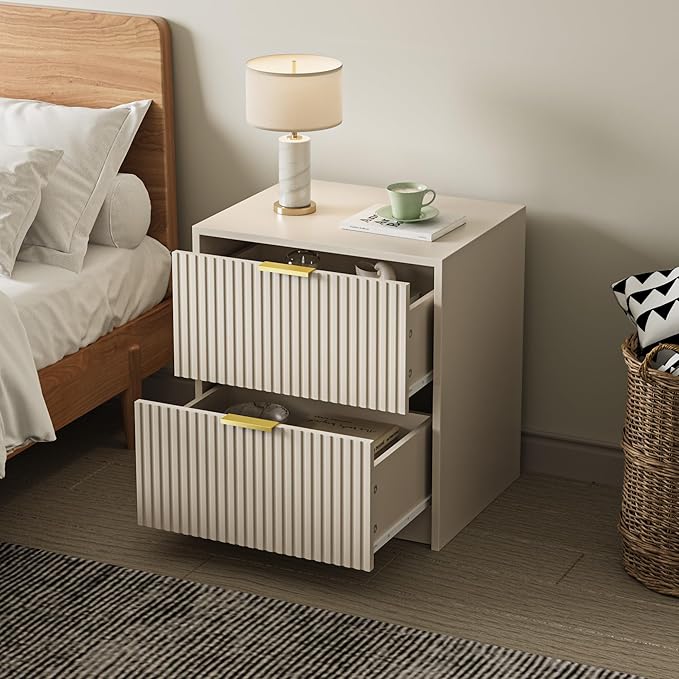 3-Piece Dresser Bedroom Set, 9 Drawer Dresser & 2 Drawer Nightstands with Gold Handles, Fluted Wood Chest of Drawers for Bedroom, Living Room, Entryway, Beige