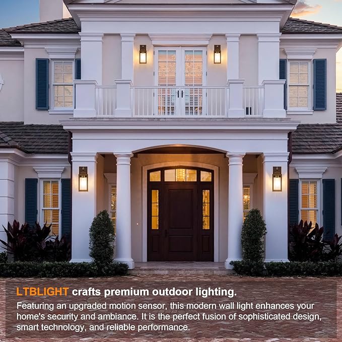 LTBLIGHT 2-Pack Motion Sensor Porch Lights Outdoor, Farmhouse Brown Dusk to Dawn Exterior Lighting Fixtures with 3 Modes, Waterproof Wall Lanterns for House, Backyard, Entryway, Garage