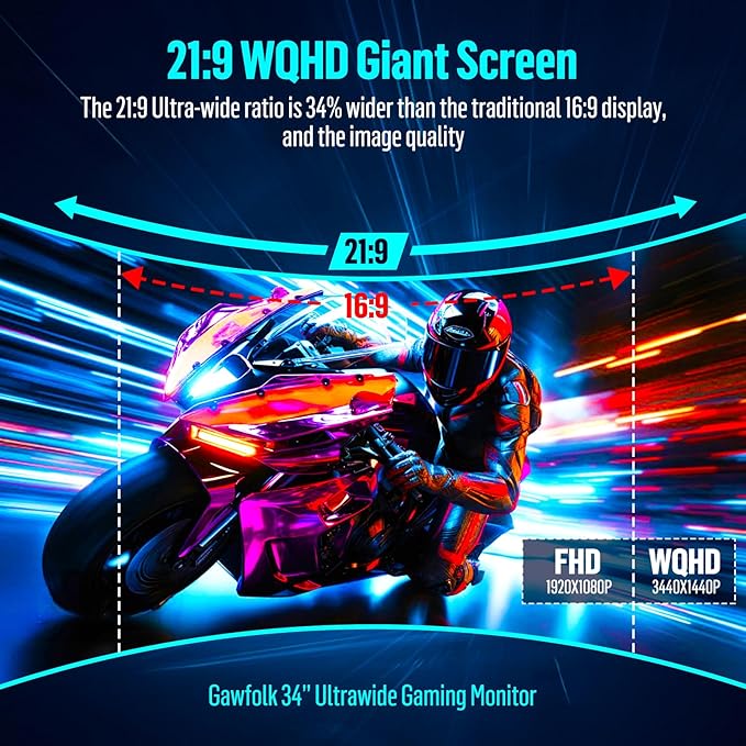 Gawfolk 34 Inch Ultrawide Curved Gaming Monitor, 1500R PC Screen UWQHD 3440x1440, 165hz Curved Computer Screen with FreeSync, Multi-Directional Adjustable Base