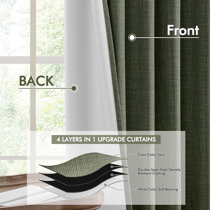 MIULEE 100% Blackout Back Tab Pleat Linen Curtains 50" Wx108 L, Olive Green | 2 - Image 5