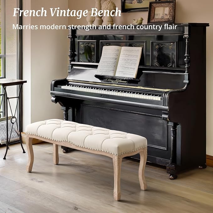 Bedroom Bench, French Vintage Tufted Entryway Bench, 45.2" Carving Upholstered - Image 7