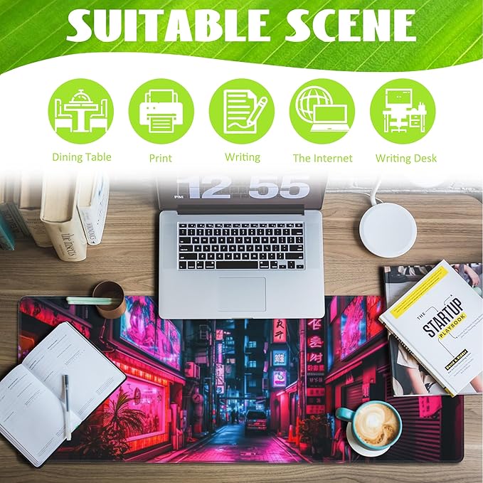 Eflxamz Desk Mat,Japanese Anime Neon Street Desk Pad,Anime City Large Gaming Mouse Pad for Desk,Extended Big Computer Keyboard Mouse Pad with Non-Slip Base and Stitched Edge,31.5"x11.8"