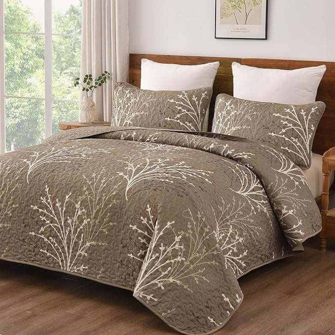 DJY Brown Quilt Set King Size Branch Botanical Bedspread Coverlet Set | 3 - Image 2