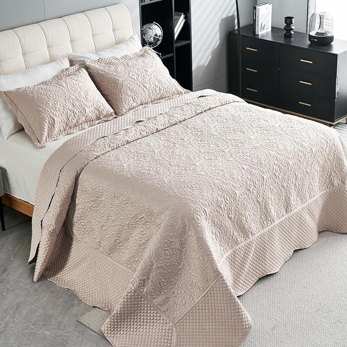 Cmfshape Floral Embroidery Quilt Set, 3 Pieces King Quilt Bedding Set, - Image 2