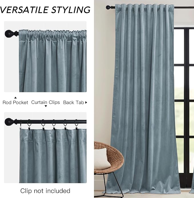 RYB HOME Stone Blue Velvet Curtains 90 inches - Image 3