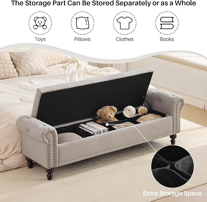 SOFTHION 67" Storage Bench for Bedroom, Linen Upholstered, Light Brown | King - Image 6