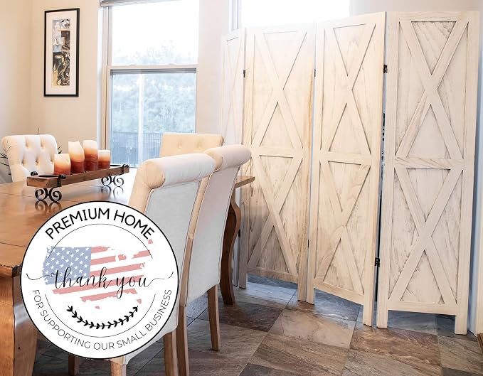 Premium Home 4-Panel Room Divider – Rustic White Barn Door, X Pattern Folding - Image 4