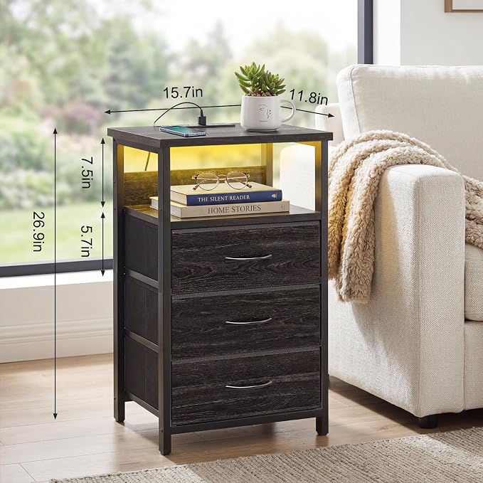 Fixwal Night Stand with 3 Fabric Drawers, Nightstand with Charging Station | - Image 3