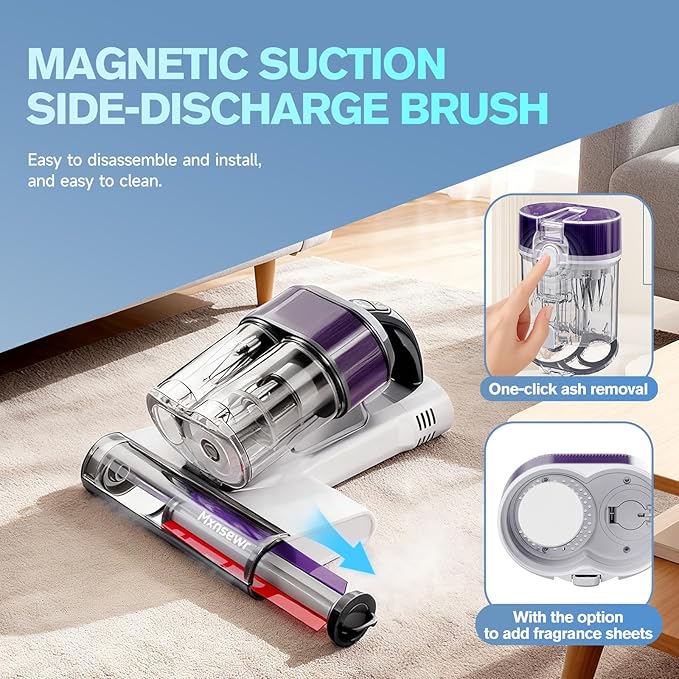 Mxnsewr Mattress Vacuum Cleaner, Ultrasonic Bed Vacuum Cleaner with 18Kpa Strong Suction, 150°F Heat & 253.7nm UV-C Light, Intelligent Dual Cup, One-Click Dust Removal for Bed, Sofa, Pet Hair, White