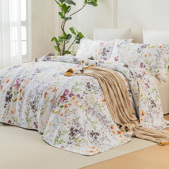 QSH 100% Cotton Quilt Oversized King Set-3Pcs Floral Bed Quilt California King - Image 2