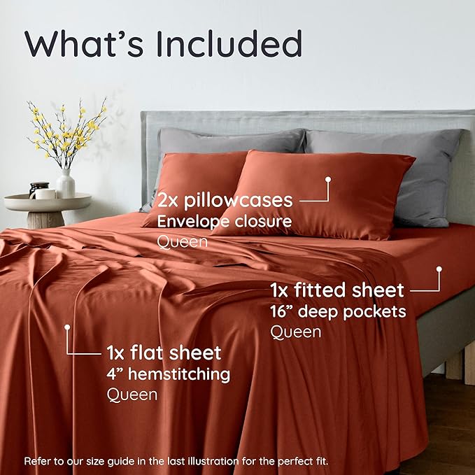 Bambaw 100% Viscose Derived from Bamboo Sheets Queen Size Set – 4pcs Cooling Sheets Queen, Luxury Bedding, Soft & Breathable, Deep Pocket Fits Up to 16'' Mattresses (Terracotta)