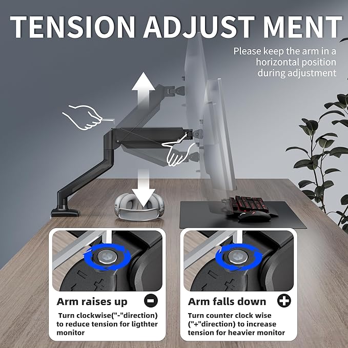 Single Monitor Arm Desk Mount，Gas Spring Monitors Arm for 17-32 inch Screens,Adjustable Computer Monitors Stand up to 4.4 to 19.8 lbs,Vesa Mount with Clamp and Grommet Base, VESA 75 & 100mm