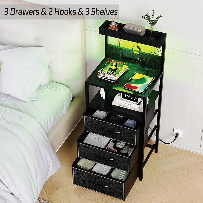 SZLHANJZ LED Nightstand with Charging Station, 3 Fabric Drawers, Storage Side - Image 5