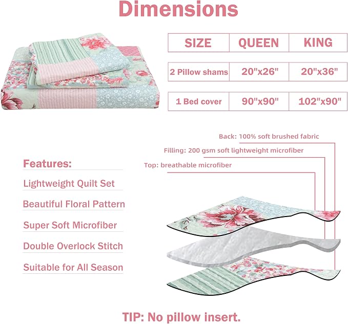 Cmfshape Summer Floral King Quilted Bedspread, Romantic Pink Quilt Set King - Image 6