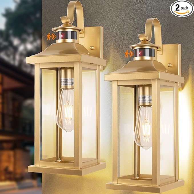 Roravilila 2-Pack Gold Dusk to Dawn Motion Sensor Lights 18 Inch, Large Outdoor Light Fixtures IP65 Waterproof Anti-Rust Brass Outside Lights for House Photocell Modern Exterior Lanterns Wall Mounted