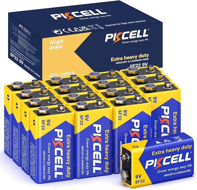 PKCELL 9V Batteries, 16 Pack 9 Volt Batteries Carbon Zinc, 9V Battery for Smoke Detector, Alarms, 6F22 Square Battery