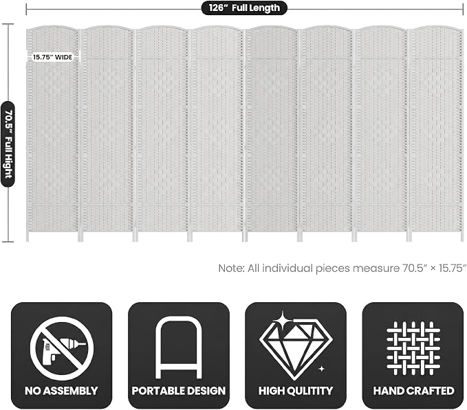 8 Panel Folding Room Divider, Woven Privacy Screen, handcrafted diamond pattern - Image 3