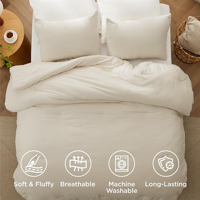 Bedsure Queen Comforter Set, Cream Soft Prewashed Bedding - Image 4