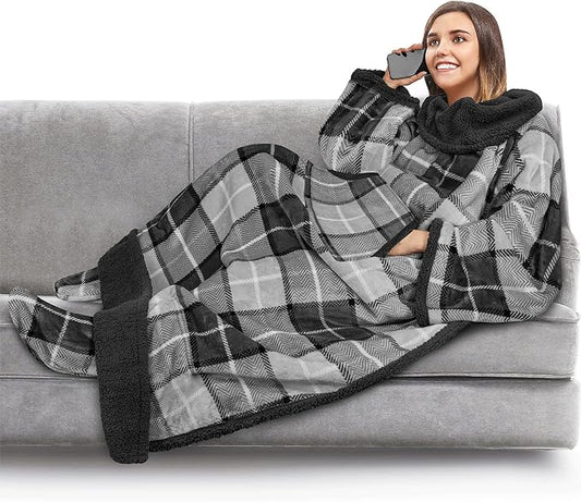 PAVILIA Sherpa Blanket with Sleeves, Foot Pocket for Women Men Adults, Thick Wearable Blanket Throw Wrap, Fleece Warm Snuggle Blanket Robe, Cozy Gift Ideas Wife Mom, Plaid Gray