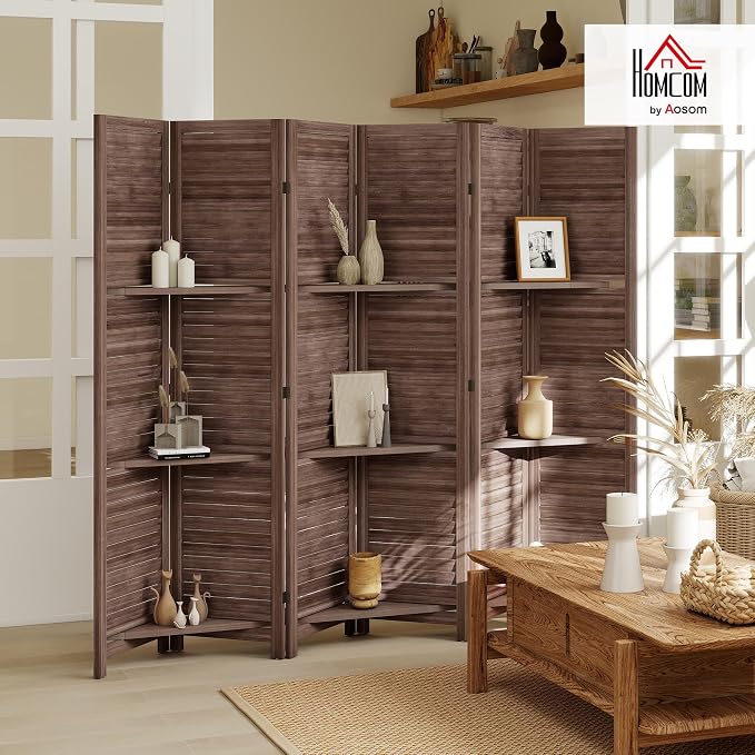 HOMCOM Room Divider 6 Panel 67" Tall Wood Privacy Screen Walnut | 3 Display - Image 2