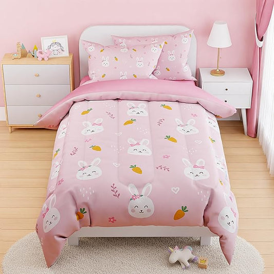 SANDJEST Rabbit Comforter Set Full Size 98x86in for Kids Girls, Microfiber 4 Pcs Bedding Set Includes 1 Comforter, 2 Pillowcases, 1 Fitted Sheet, Nursery Room Decor