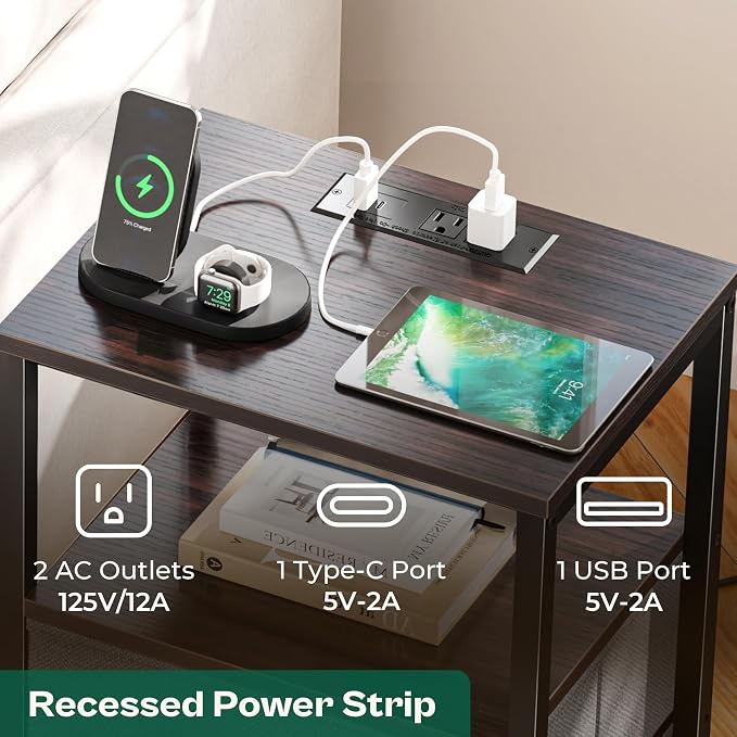 Huuger Nightstand with Charging Station, Side Table with Fabric Drawers | End - Image 6