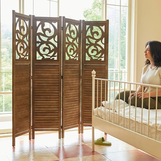 Svimi Folding Room Divider, 5.6Ft 4 Panels Wood Carved Privacy Screens - Image 3