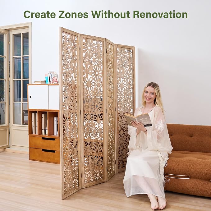 Folding Wood Room Divider Panel, 67 Inch Tall Daisy-Carved Privacy Screen - Image 5