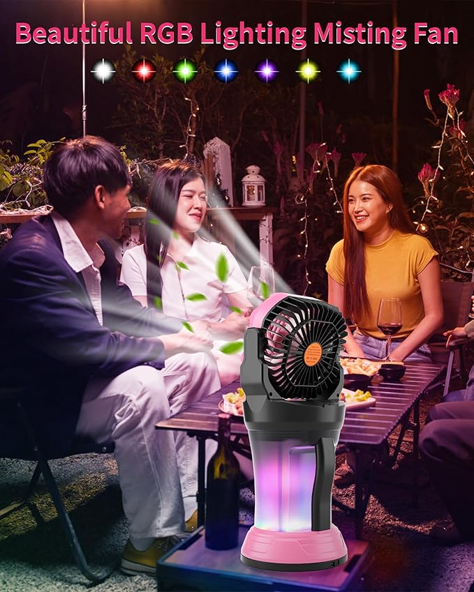 WESTTREE Portable Misting Fan with Large Battery Fan-Rechargeable Outdoor Misting Cooling Fans with 2L Water Tank,RGB Lights,4 Speeds & Spray Modes-for Patio, Camping, Beach, Workshop (Pink)