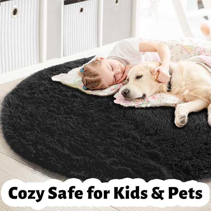 Amdrebio Black Fluffy Round Circle Rug 4Ft - Image 4