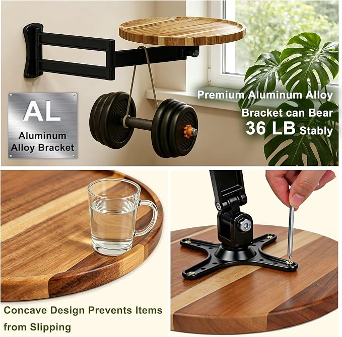 Wall Mounted Folding Table, Round Wood Tabletop - Image 4