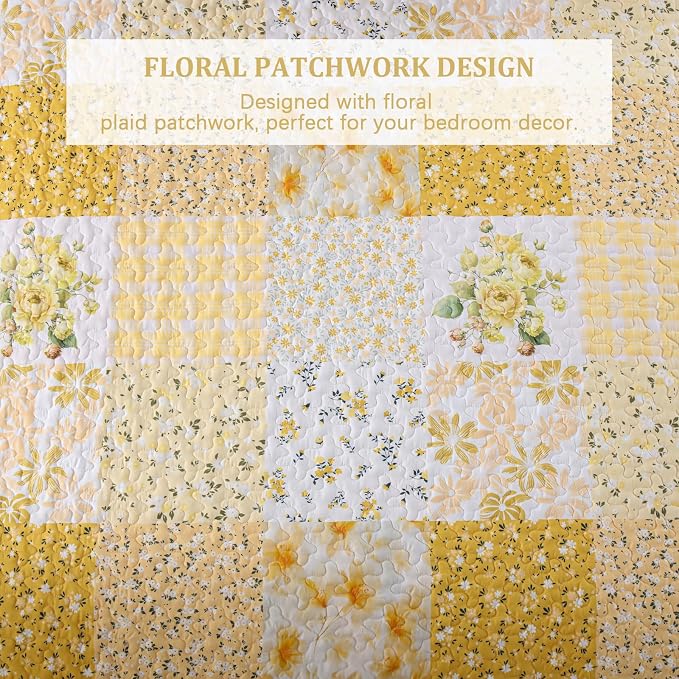 Mybedsoul Patchwork Quilt King Size, Soft Yellow Boho Floral King Bedspreads - Image 4