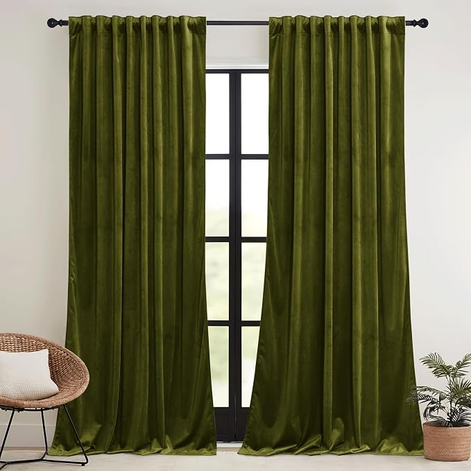 RYB HOME Moss Green Velvet Curtains 84 inches - Image 2