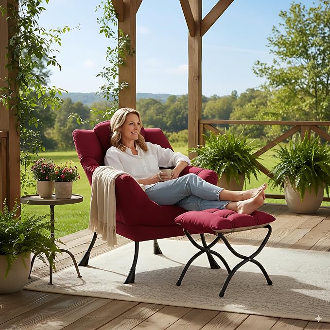Lazy Chair with Ottoman, Comfy Accent Reading Chair, Burgundy | Foldable - Image 2