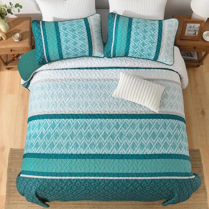 Dinjoy Boho Quilt Set, Turquoise Bedspread Queen Size, Striped Plaid Spring - Image 8
