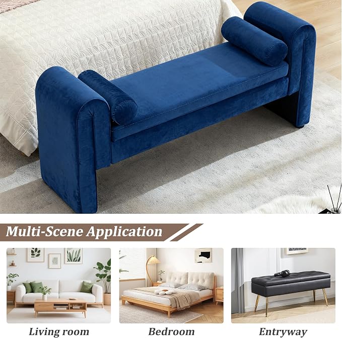 61" Velvet End of Bed Bench, Upholstered Seat - Image 3