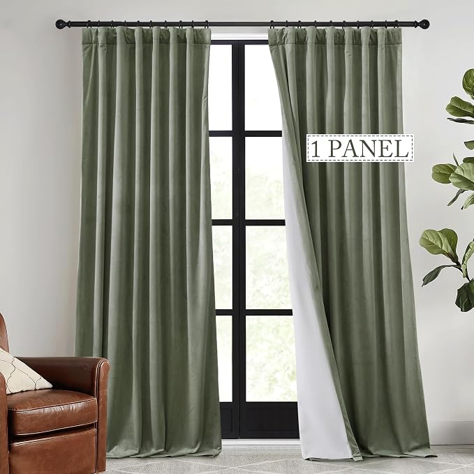 RYB HOME Sage Green Velvet Blackout Curtains 84 inches, Room Darkening Thermal by RYBHOME